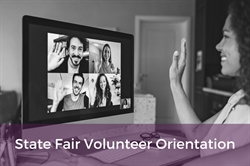 [ai] A person smiling and waving during a virtual meeting on a computer screen, displayed in black and white. Five participants are shown in video frames, with the text "State Fair Volunteer Orientation" at the bottom.